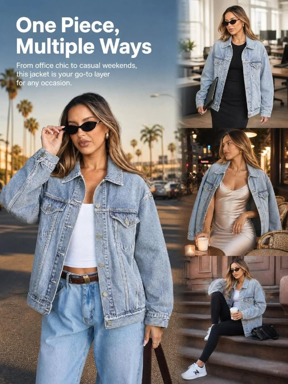 Women's Light Blue Oversized Trucker Jeans Jacket Long Sleeve Button Down Coat